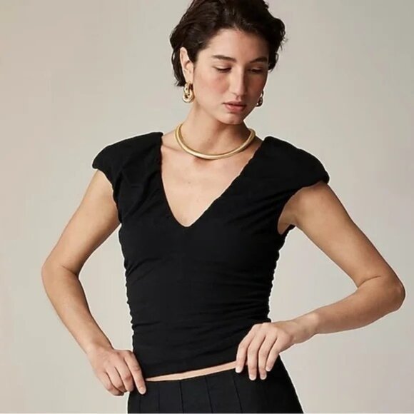 J. Crew Woman's Ruched V Neck Top Black Stretch Size XL NWT - Picture 1 of 6